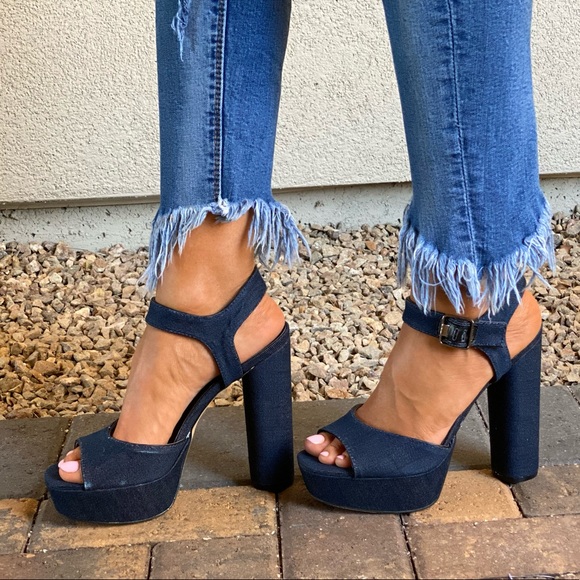 Denim Blue Distressed Towering Platform Sandal - Picture 9 of 12